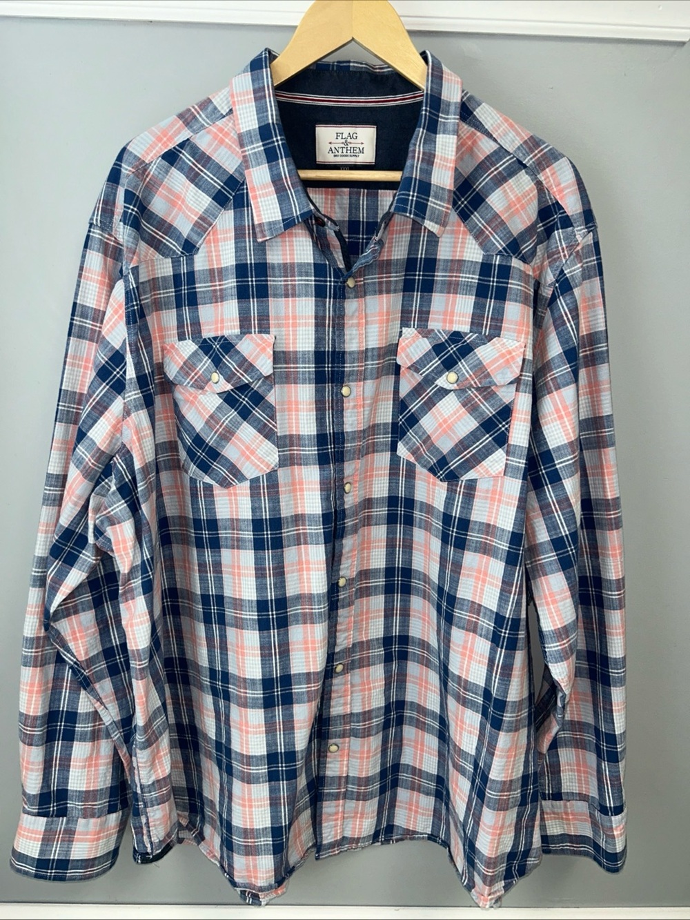 Flag And Anthem Men’s XXXL Pink Blue Plaid Pearl Snap Long Sleeve Shirt Coastal